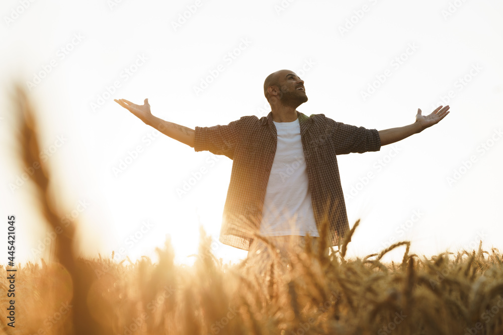 Young man standing in wheat field on sunset Young man standing in wheat field on sunset