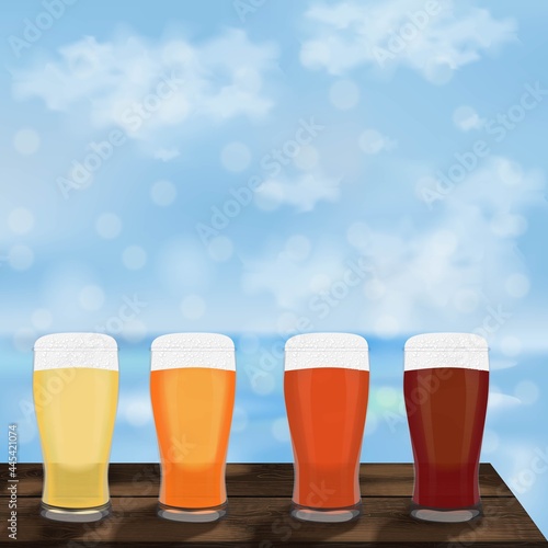 Square banner with craft beer in pilsner glasses. Wooden table against the background of the sea and blue sky. Light and dark beer, ale, and lager. Beer day. Template. Post. Vector illustration.