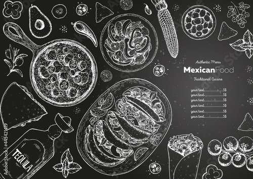 Mexican food top view frame. A set of classic mexican dishes with tacos, burrito, quesadillas, fajitas. Food menu design template. Vintage hand drawn sketch vector illustration. Mexican cuisine.