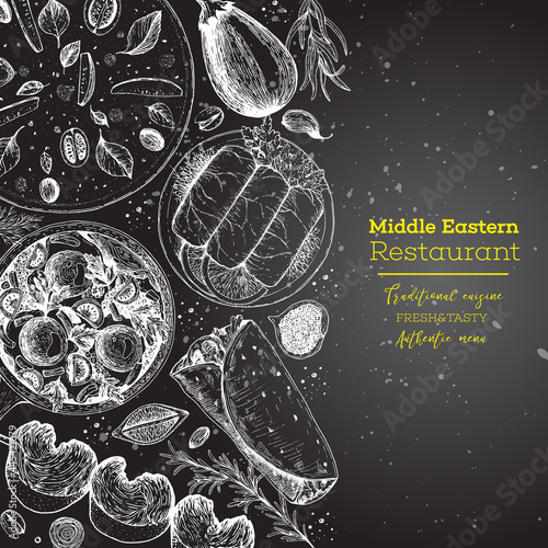 Middle eastern cuisine top view. Food menu design template with manakeesh, ,dolma, kebab, shawarma, shakshouka . Vintage hand drawn sketch vector illustration.