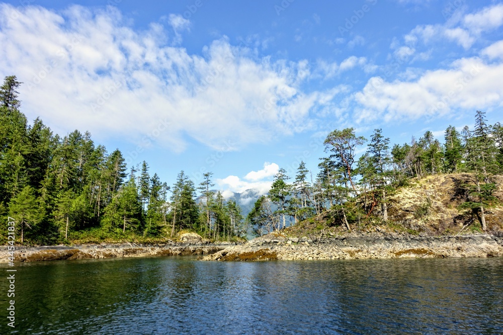 The beautiful rocky shores of the Harmony Islands, with tall trees and beautiful calm waters, outside hotham sound, jervis inlet, British Columbia, Canada