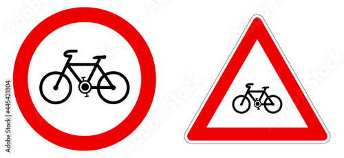 Simple black bicycle icon in red circle and triangle - bike warning or not allowed sign