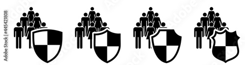 Group of people icon behind shield, different versions. Team protection concept
