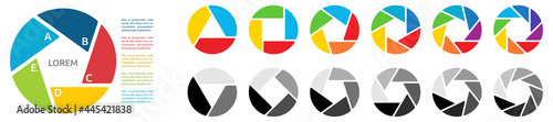 Circle divided in three to nine same size segments, forming polygon at middle - different colours and gray version. Can be used as infographics element