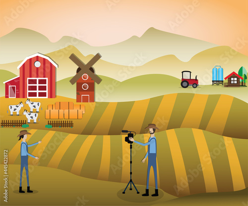 Flat design of business success The farmer making video presentation his field and upload for promoting - vector