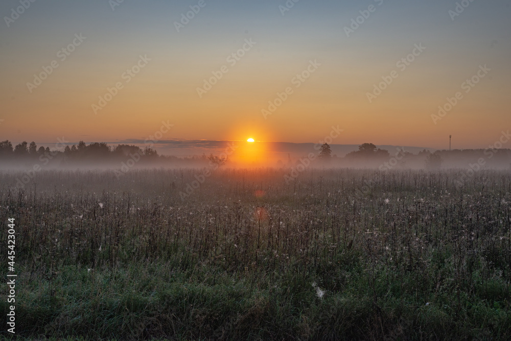 Sunrise on a foggy morning. Zavyalovsky district, Udmurt Republic, Russia. Sunrise on a foggy morning. Zavyalovsky district, Udmurt Republic, Russia.