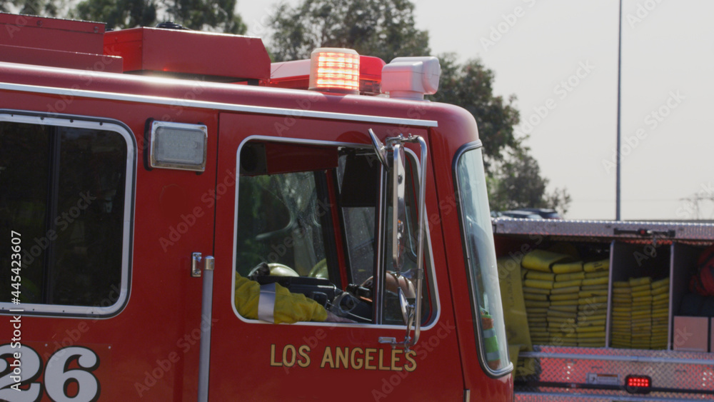 Saddleranch Fire Blaze California Wildfire Los Angeles Firemen, Fire trucks and Sheriff Police Cars
