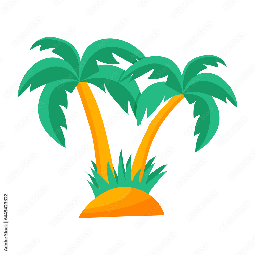Palm trees on the island on white background.
