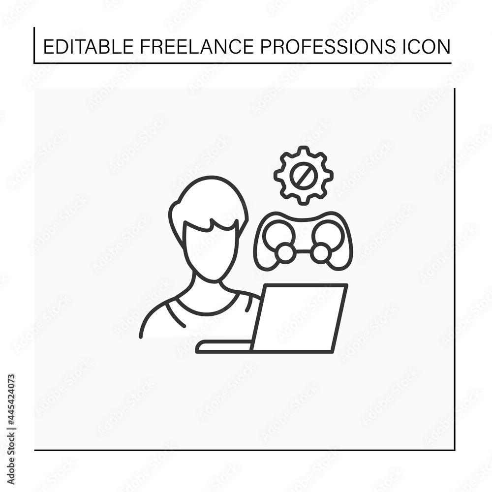 Game developer line icon. Programmer. Create gaming code, software.Plan, design, produce video games. Freelance professions concept. Isolated vector illustration. Editable stroke Game developer line icon. Programmer. Create gaming code, software.Plan, design, produce video games. Freelance professions concept. Isolated vector illustration. Editable stroke