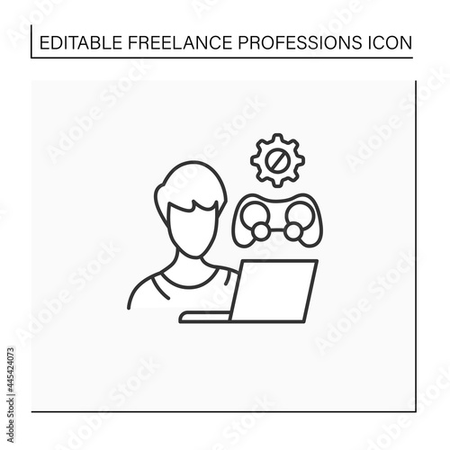 Game developer line icon. Programmer. Create gaming code, software.Plan, design, produce video games. Freelance professions concept. Isolated vector illustration. Editable stroke