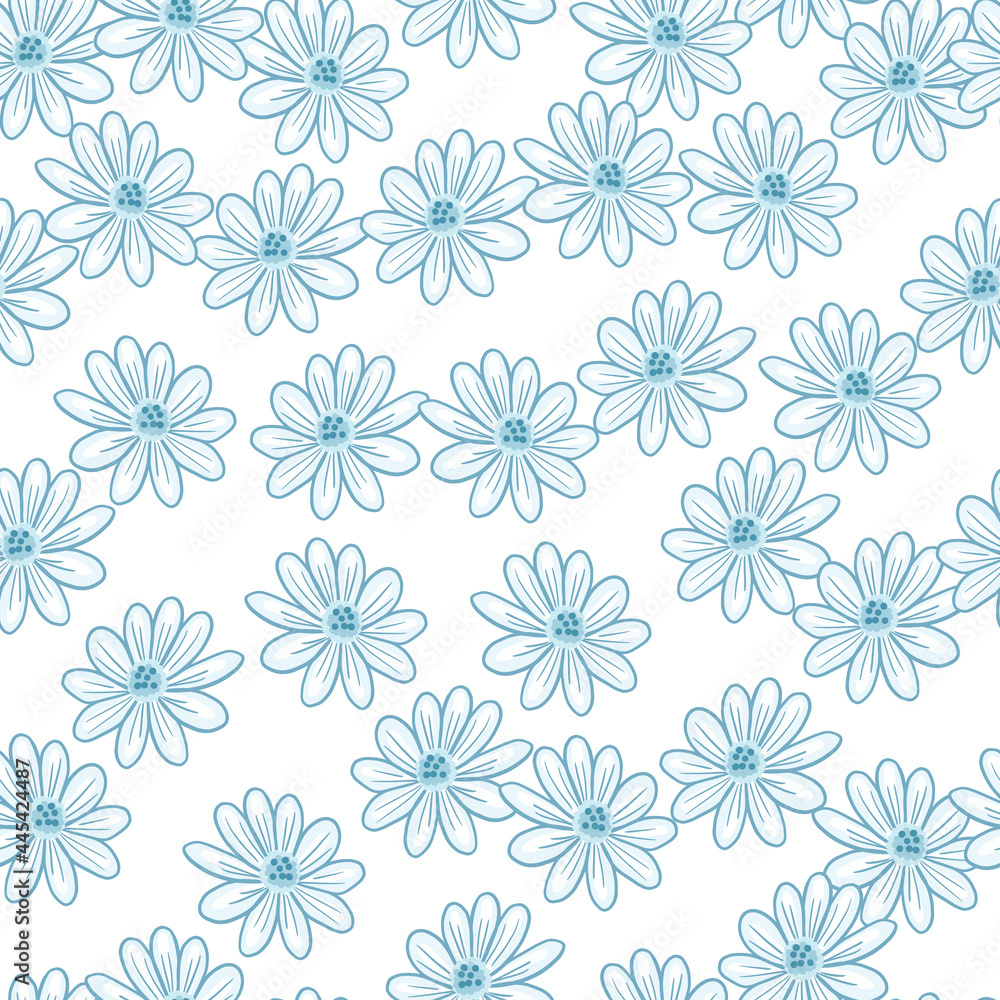 Isolated seamless pattern with random blue contoured daisy flower silhouettes. White background. Isolated seamless pattern with random blue contoured daisy flower silhouettes. White background.
