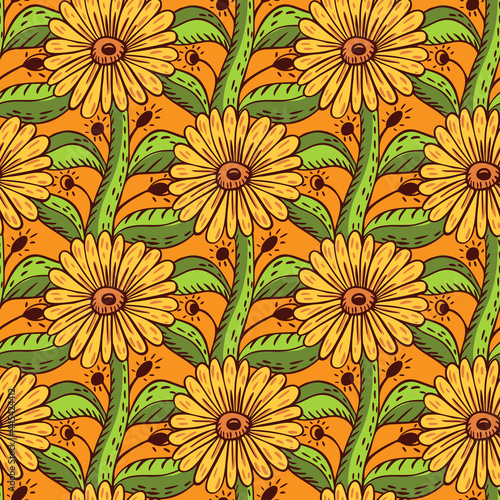 Botanic sunflower elements seamless pattern in hand drawn botany style. Orange background. Green leaves.