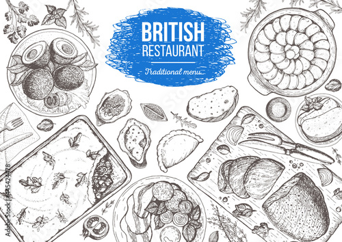 British cuisine top view frame. Food menu design with traditional british dishes, scotch eggs, roast beef, lancashire hotpot, sheppard pie. Vintage hand drawn sketch vector illustration.