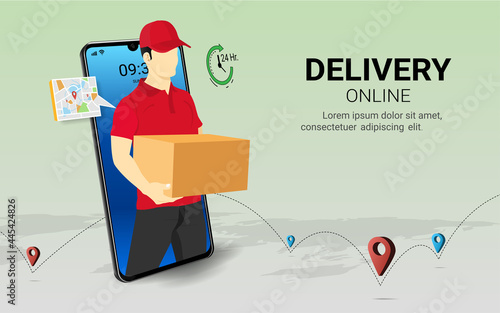 Delivery courier man holding Parcel Box on smartphone. Fast online delivery service. Online order. Internet e-commerce. concept for website or banner. 3D Perspective Vector illustration