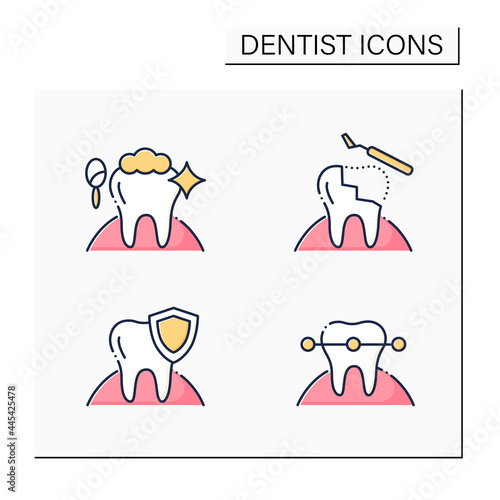 Dentist color icons set. Cosmetic dentistry procedures, restorative dentistry, tooth braces. Healthcare concept. Isolated vector illustration