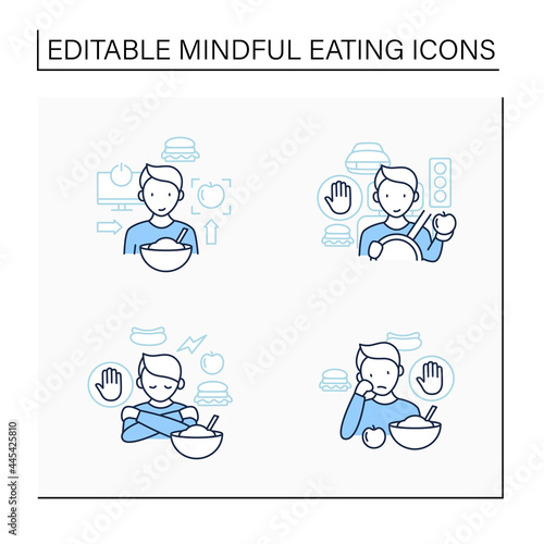 Mindful eating line icons set.Conscious, intuitive nutrition. Eating in car.Overeating.Eat through boredom.Mealtimes concept. Isolated vector illustration.Editable stroke