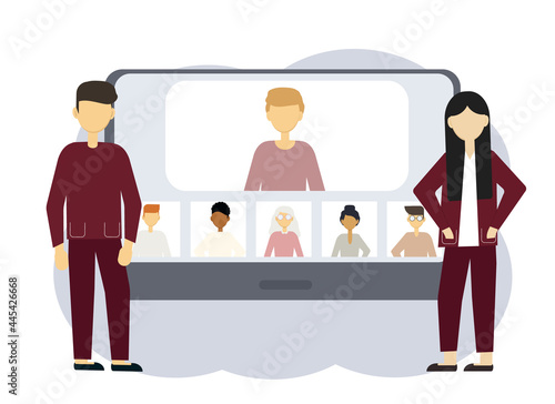 Online conference illustration. A man and woman next to a computer with portraits of men and women