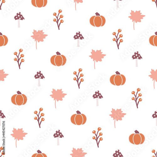 Fall Geometric Pumpkins, Leaves, Mushrooms, and Berries Seamless Pattern Background
