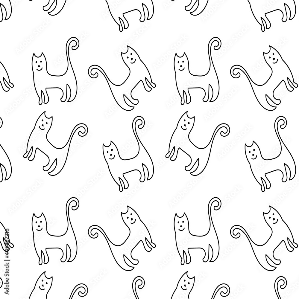 Pattern hand-drawn in the style of line art cats on a white background. Cat background.
