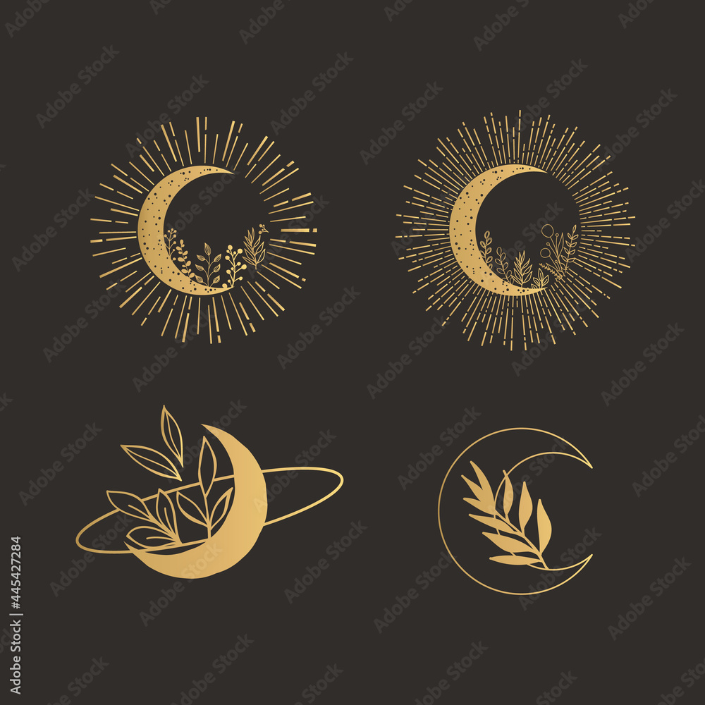 Hand Drawn Gold Moon Logo with Flowers, Herbs, and Sunburst. Magic Moon