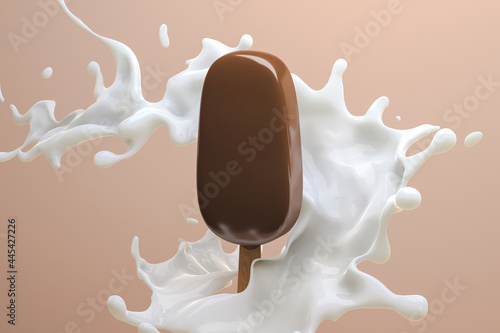 Chocolate ice cream surrounded by a splash of milk photo
