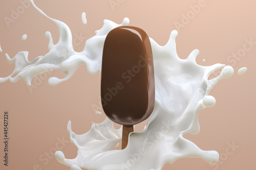Chocolate ice cream surrounded by a splash of milk