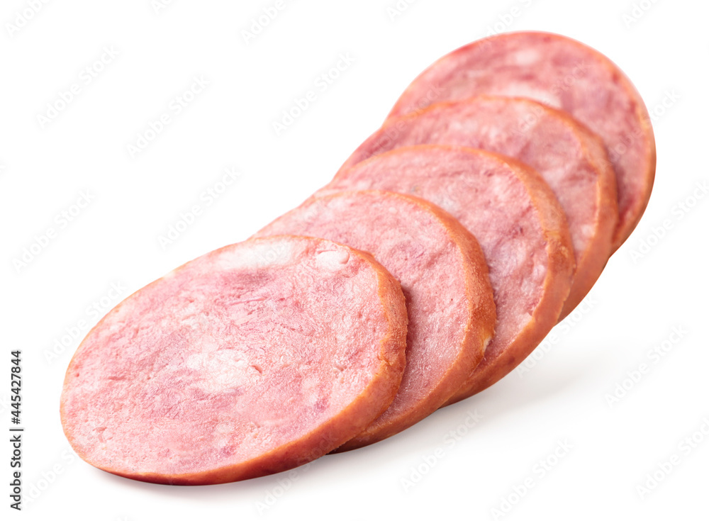 Sausage slices in a row on a white background. Isolated