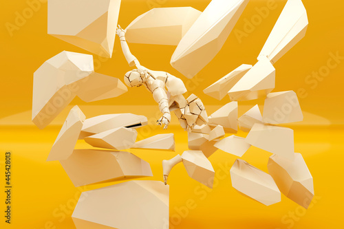 Three dimensional render of rubble surrounding disintegrating man photo