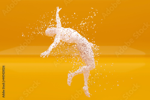 Three dimensional render of disintegrating man jumping against yellow background photo