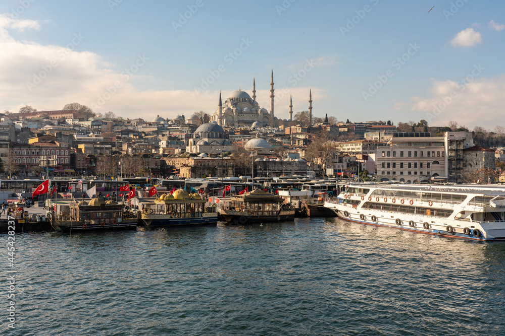 Turkey, Istanbul, Waterfront of coastal city with Suleymaniye Mosque in background Turkey, Istanbul, Waterfront of coastal city with Suleymaniye Mosque in background