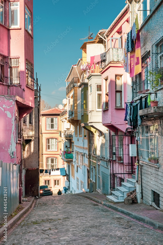 Turkey, Istanbul, Town houses along cobblestone alley in Balat neighborhood Turkey, Istanbul, Town houses along cobblestone alley in Balat neighborhood