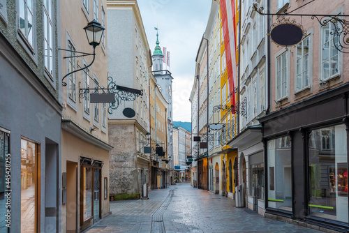 Austria, Salzburg State, Salzburg, Shops along historic Getreidegasse street photo