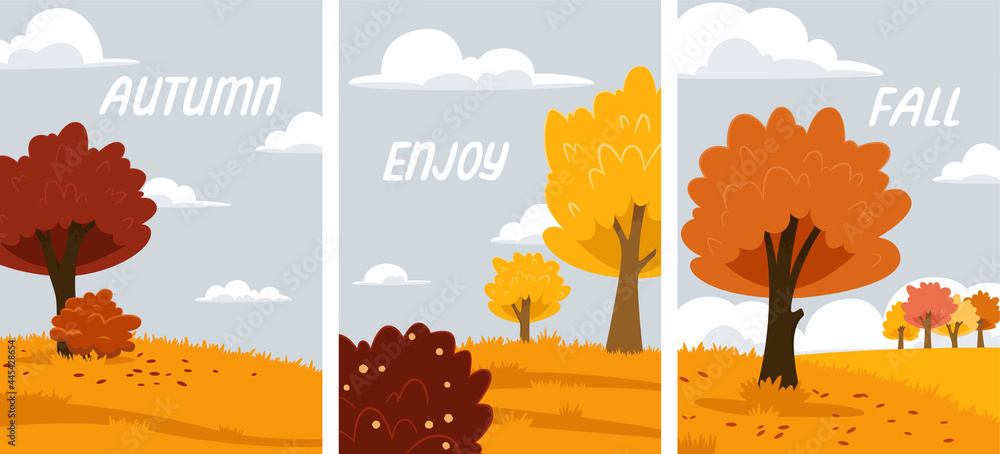 Autumn landscape, fall trees with yellow leaves, vector, isolated, cartoon style