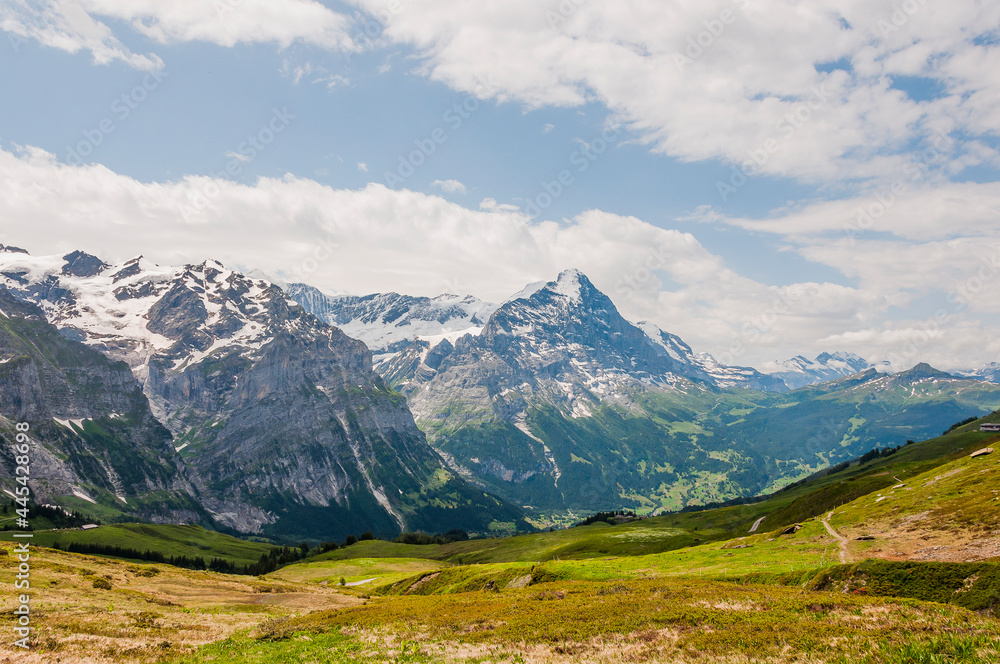 Grindelwald, Eiger, Eigernordwand, Schreckhorn, Kleine Scheidegg, Schreckbild, Lauberhorn, Grosse Scheidegg, Bergstrasse, Wanderweg, First, Berner Oberland, Alpen, Sommer, Schweiz