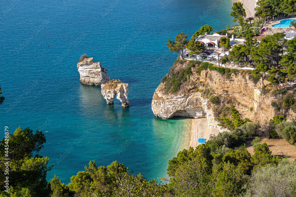 panoramic view of famous scenic beach Baia delle Zagare, Apulia, Italy
