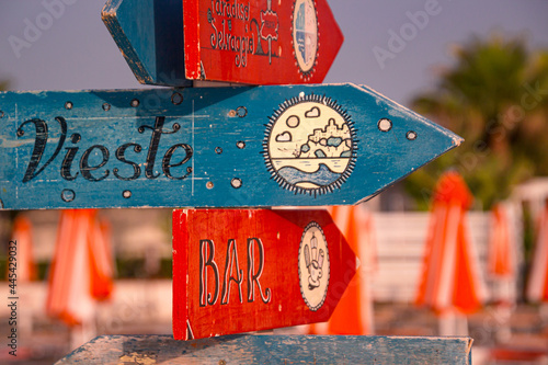 signpost at spiaggia di castello beach in Vieste, Gargano, Apulia, Italy