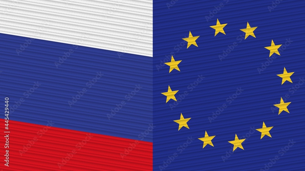 European Union and Russia Two Half Flags Together Fabric Texture Illustration