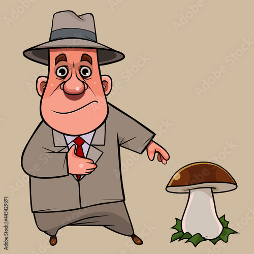 cartoon man in suit and hat stands next to a large porcini mushroom