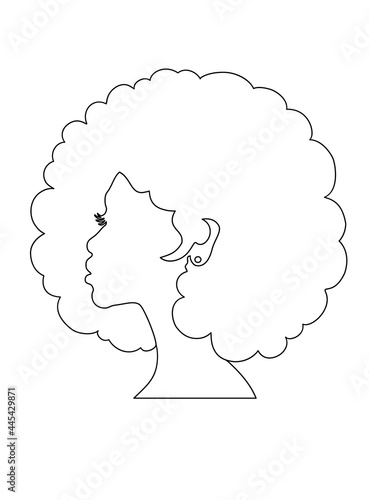 Black Afro African American girl woman lady outline vector portrait head face silhouette,waves hair puff hairstyle.Laser plotter cutting.Logo for beauty salon.Coloring book page.