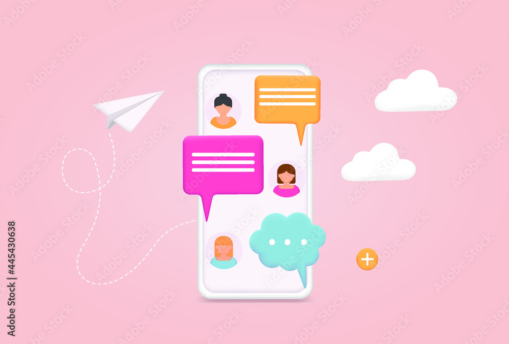 Phone with chat. Sms on mobile phone screen. Messaging using chat app or social network. 3D Web Vector Illustrations. Concept web design, website page development. Web banner Phone with chat. Sms on mobile phone screen. Messaging using chat app or social network. 3D Web Vector Illustrations. Concept web design, website page development. Web banner