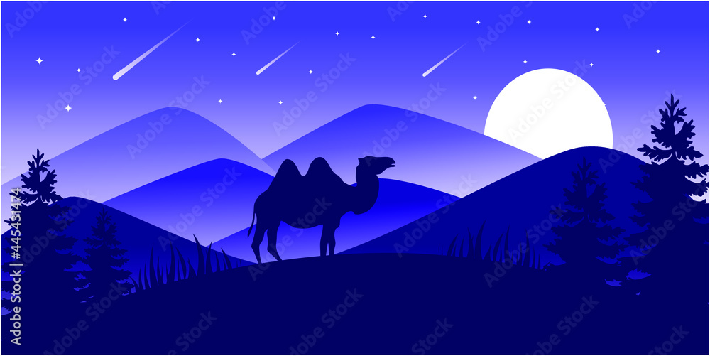 Fototapeta premium Vector Landscape Illustration of Beautiful mountain landscape with Camel, pine tree, and forest. sunrise and sunset in mountains.
