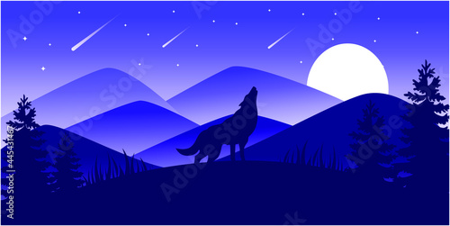 Vector Landscape Illustration of Beautiful mountain landscape with Wolf, pine tree, and forest. sunrise and sunset in mountains.