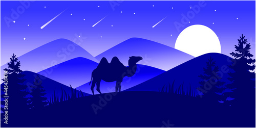 Vector Landscape Illustration of Beautiful mountain landscape with Camel, pine tree, and forest. sunrise and sunset in mountains.
