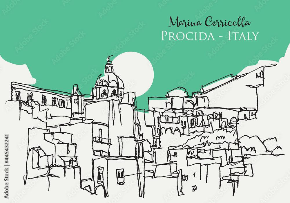 Sketch illustration of Marina Corricella in Italy