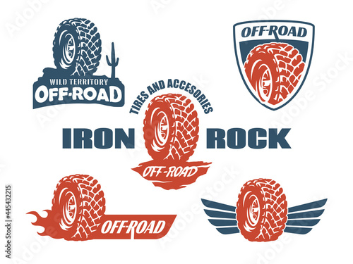 Set of off-road tyre service logo emblems and badges.