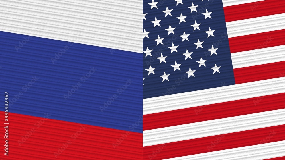United States of America and Russia Two Half Flags Together Fabric Texture Illustration United States of America and Russia Two Half Flags Together Fabric Texture Illustration