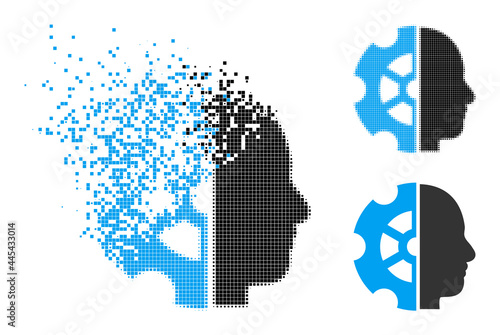 Burst pixelated intellect icon with destruction effect, and halftone vector icon. Pixelated degradation effect for intellect shows speed and motion of cyberspace abstractions.