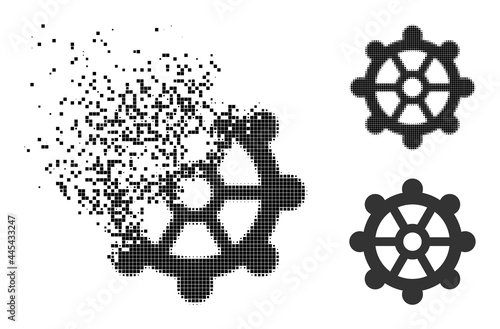 Dissolved dot gear icon with destruction effect, and halftone vector icon. Pixelated dispersing effect for gear demonstrates speed and movement of cyberspace abstractions.