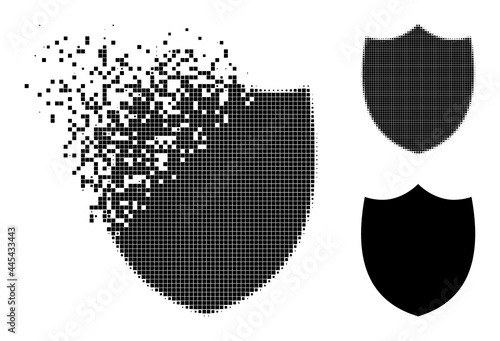 Dissolved dot shield glyph with destruction effect, and halftone vector icon. Pixel disintegration effect for shield demonstrates speed and movement of cyberspace items.
