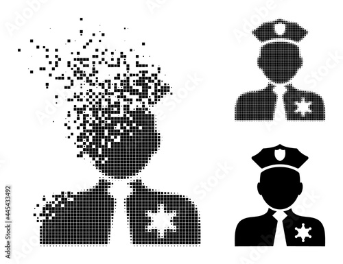 Dissolving dot police person icon with destruction effect, and halftone vector icon. Pixelated degradation effect for police person demonstrates speed and motion of cyberspace items.